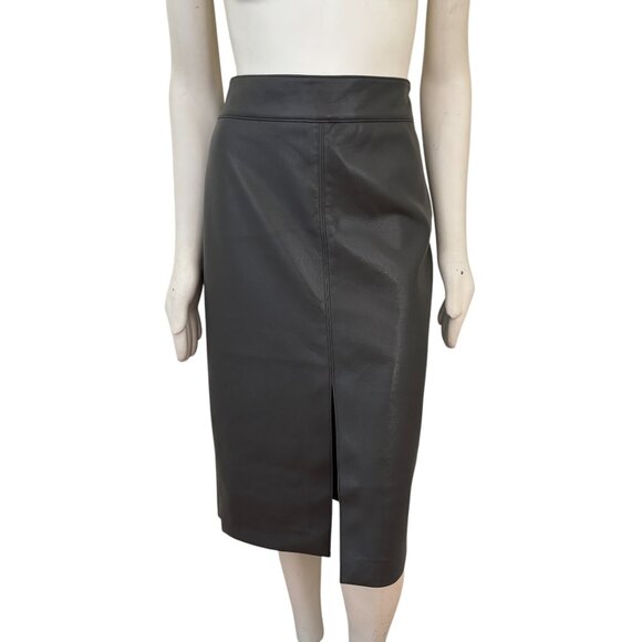 ELIE TAHARI Front Slit Faux Leather Midi Pencil Skirt in Olive Brown SZ 8 - Picture 1 of 11